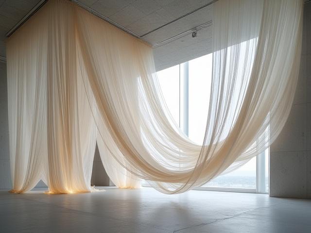Large-scale textile art installation in a modern gallery space, abstract forms