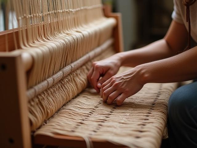 Artisan working on a large handwoven tapestry, intricate details